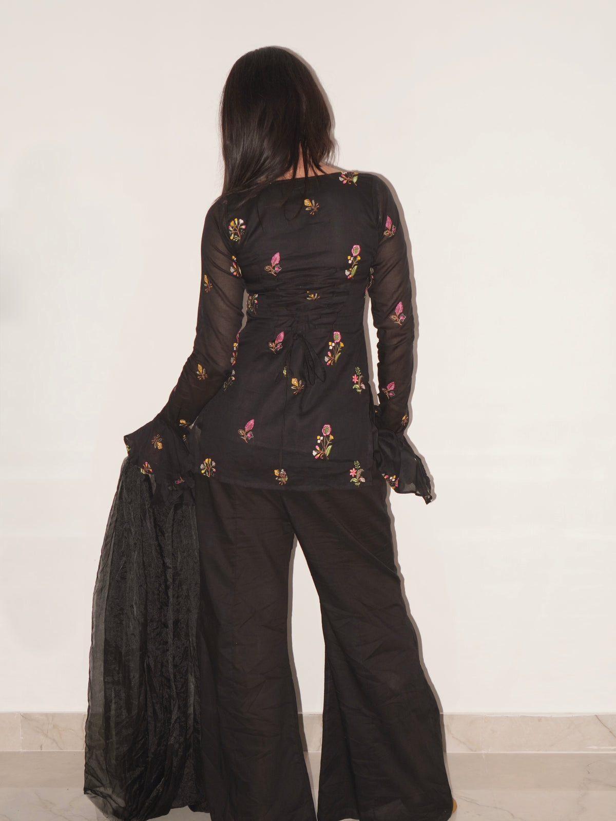 Sitara Black Embroidered Set, Flared Pants and Dupatta - SAYURI