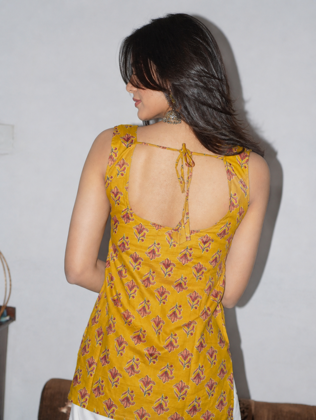 Saanjh mustard deep back sleeveless Kurti