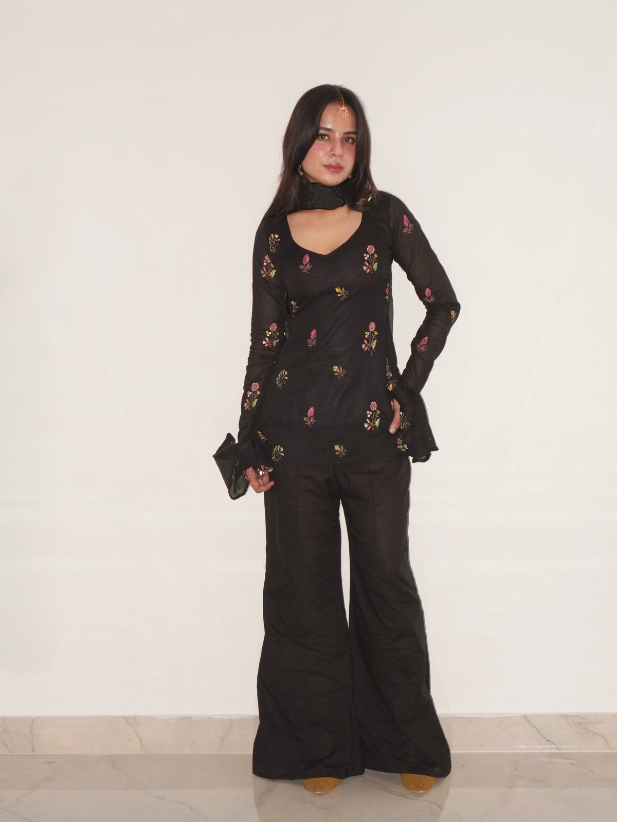 Sitara Black Embroidered Set, Flared Pants and Dupatta - SAYURI