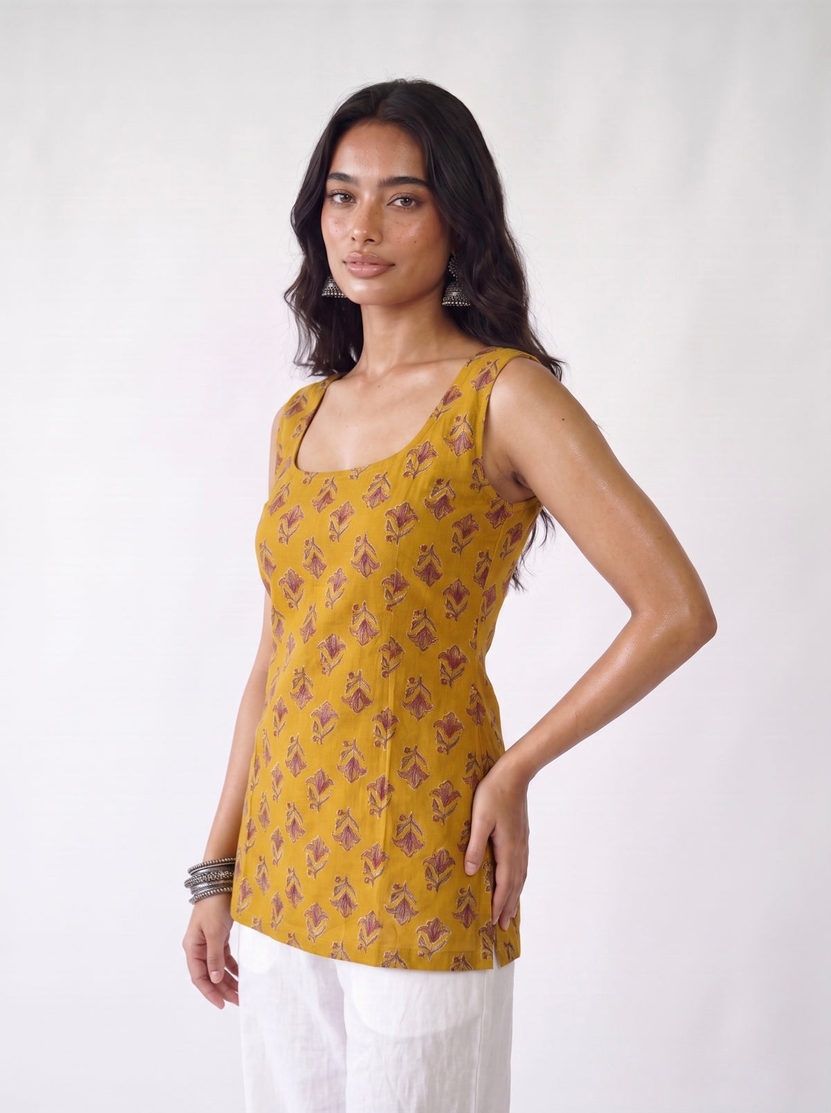 Saanjh Mustard Deep Back Sleeveless Kurti