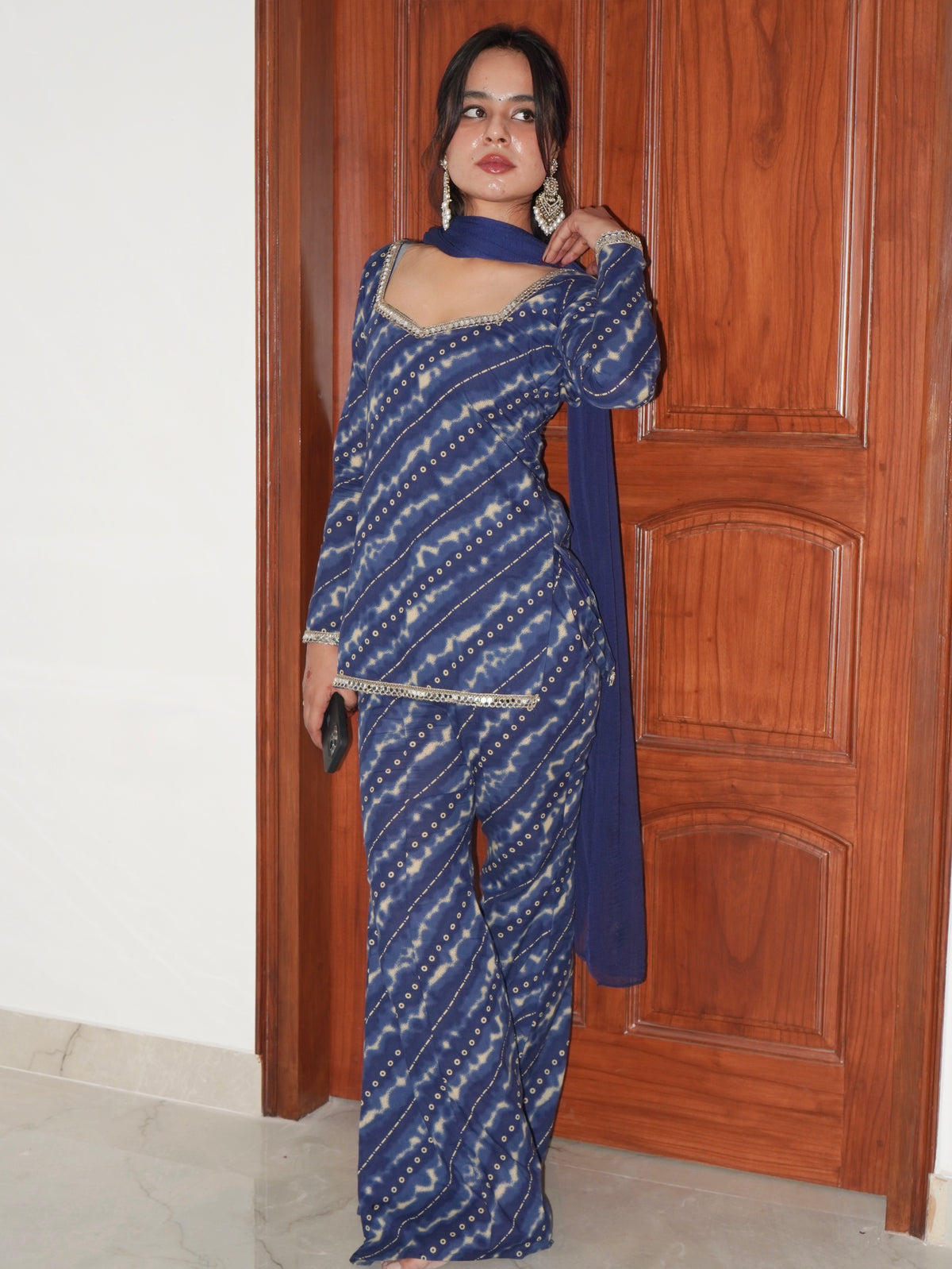 Neelam Navy Leheriya Print Kurti Set with Dupatta - SAYURI