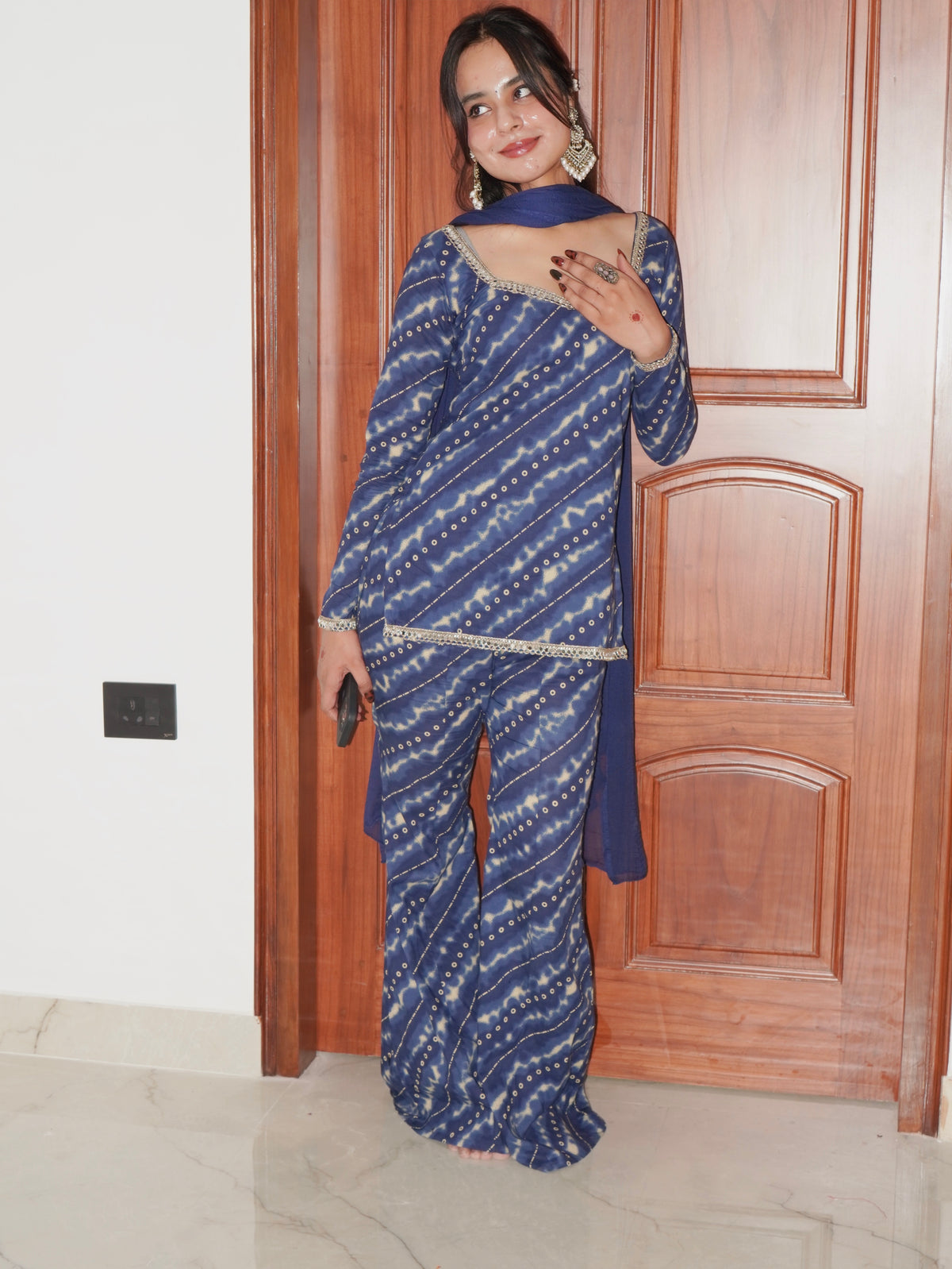 Neelam Navy Leheriya Print Kurti Set with Dupatta - SAYURI