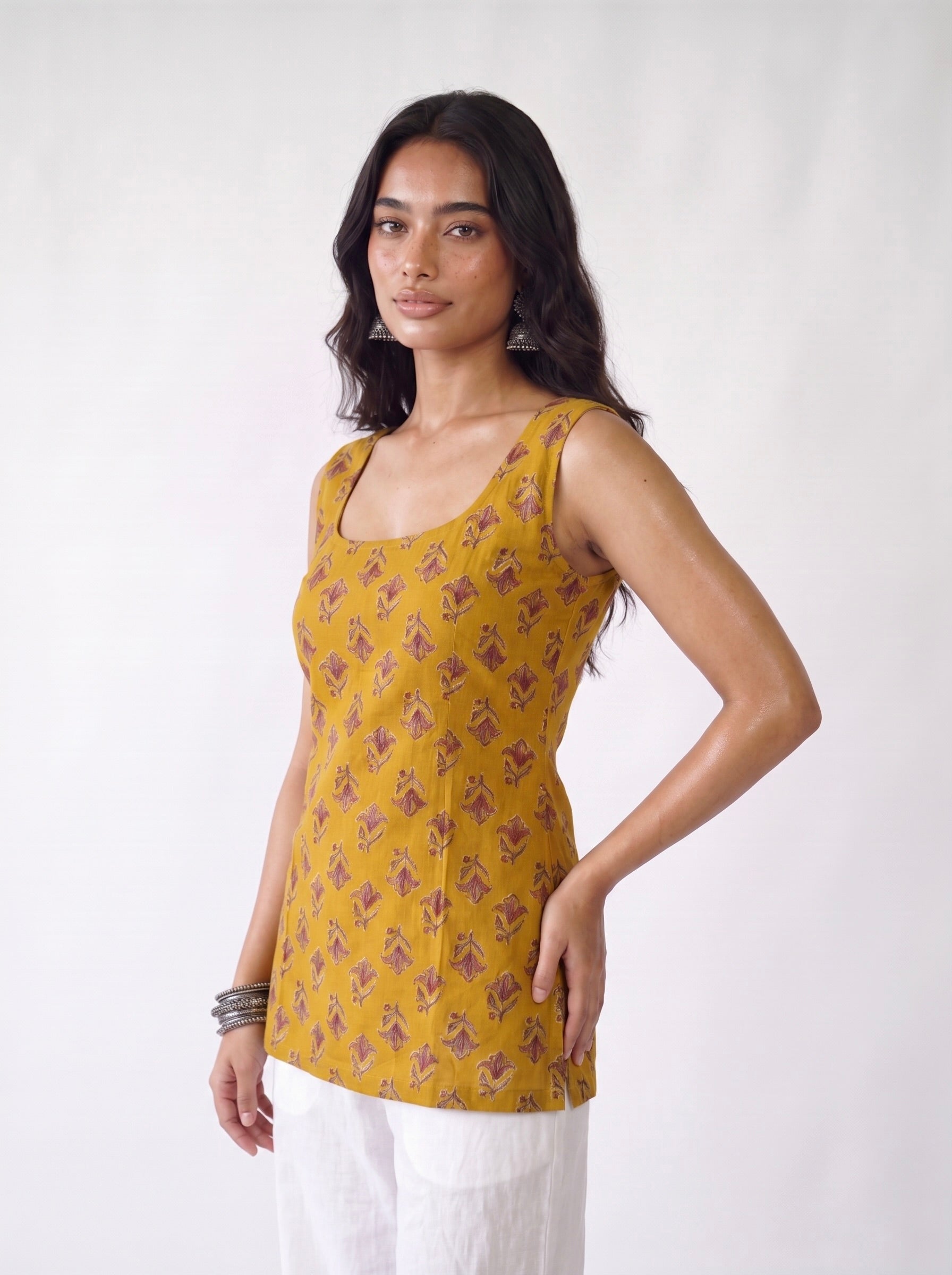 Saanjh Mustard Deep Back Sleeveless Kurti