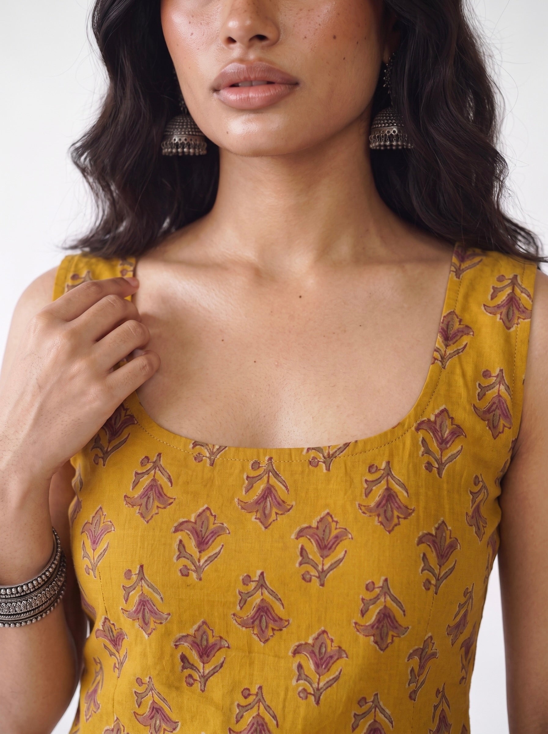 Saanjh Mustard Deep Back Sleeveless Kurti