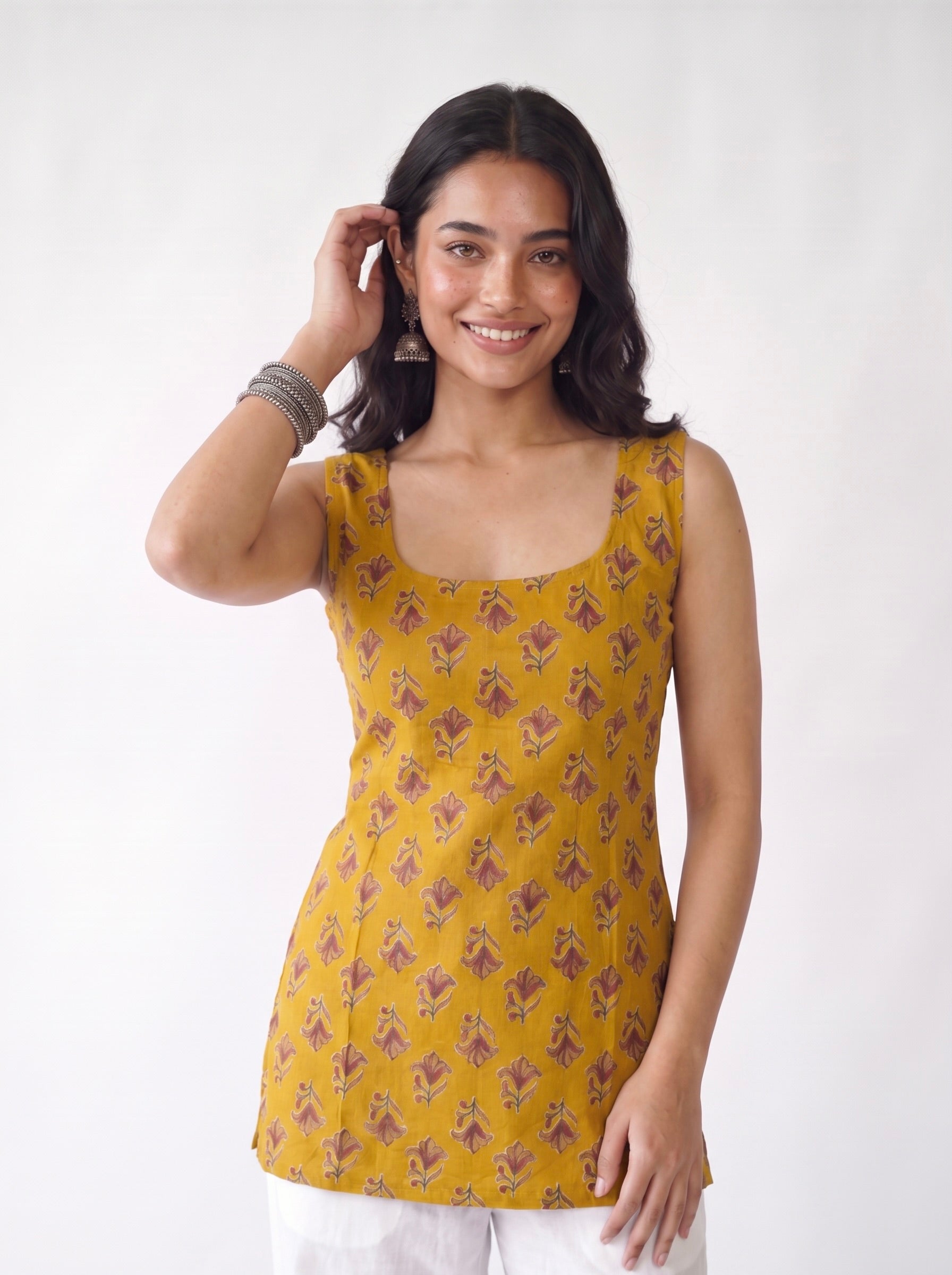 Saanjh Mustard Deep Back Sleeveless Kurti