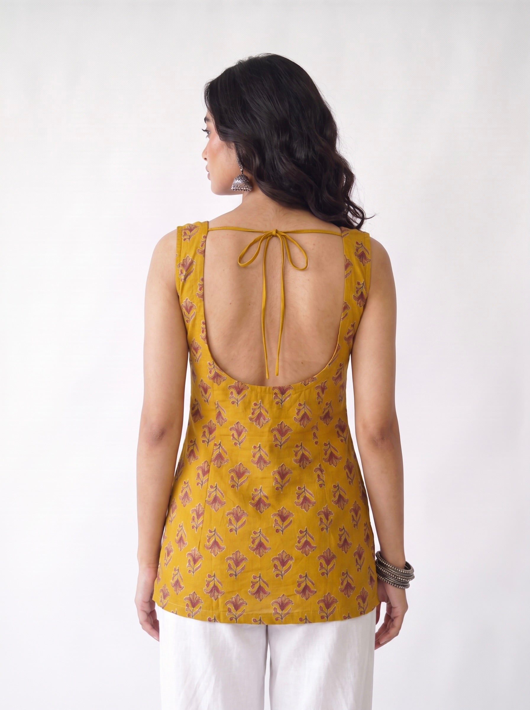 Saanjh Mustard Deep Back Sleeveless Kurti
