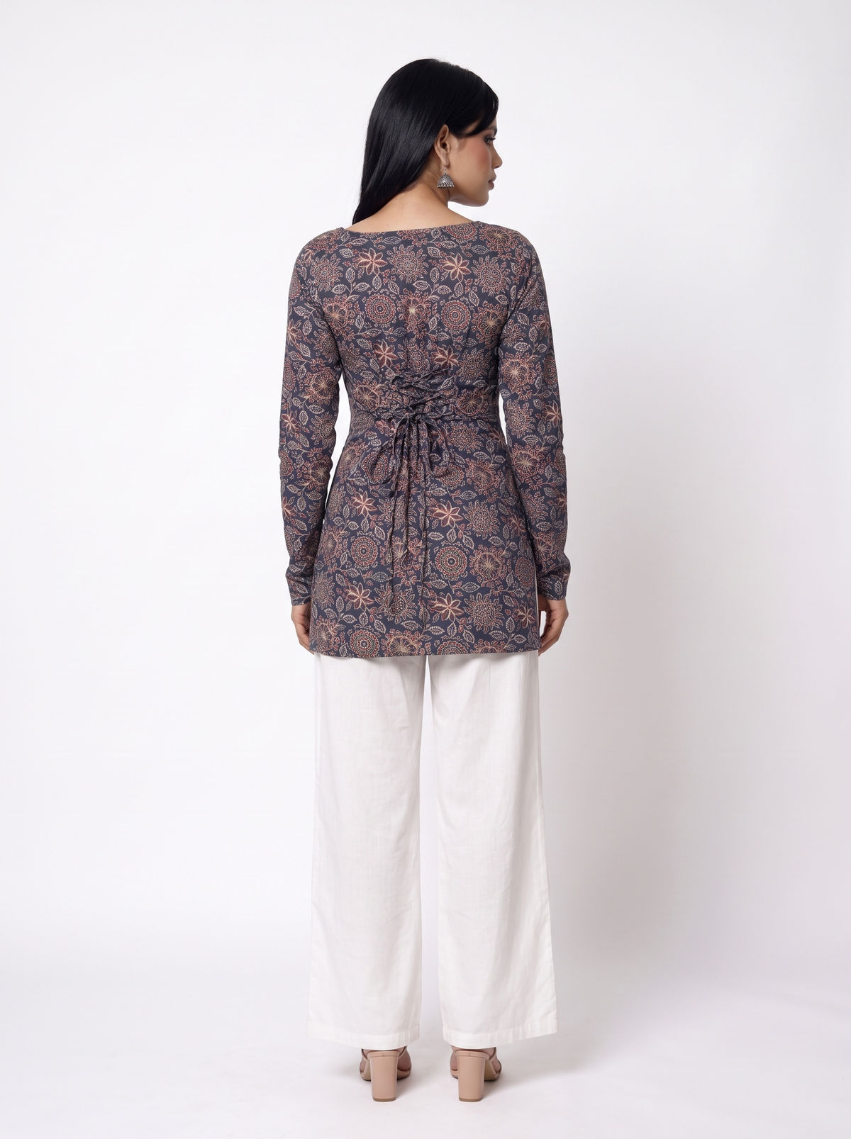 Mehvish Corset Back Kurti, Navy Blue Floral Cotton - SAYURI