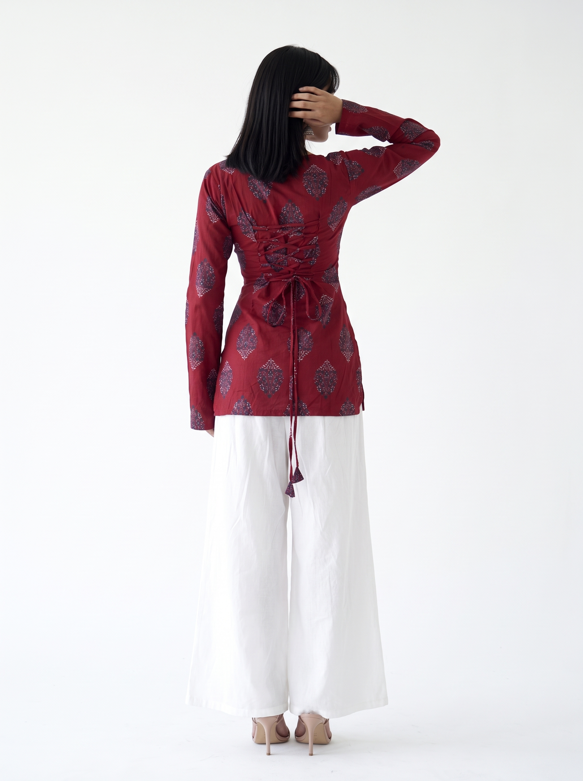 Rehmat Bell Sleeve Corset Back Kurti, Maroon Cotton - SAYURI