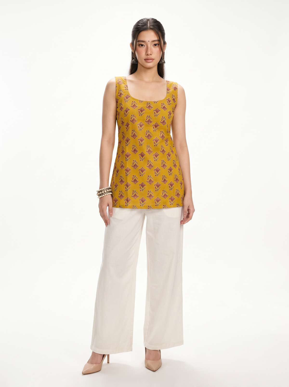 Saanjh Mustard Deep Back Sleeveless Kurti