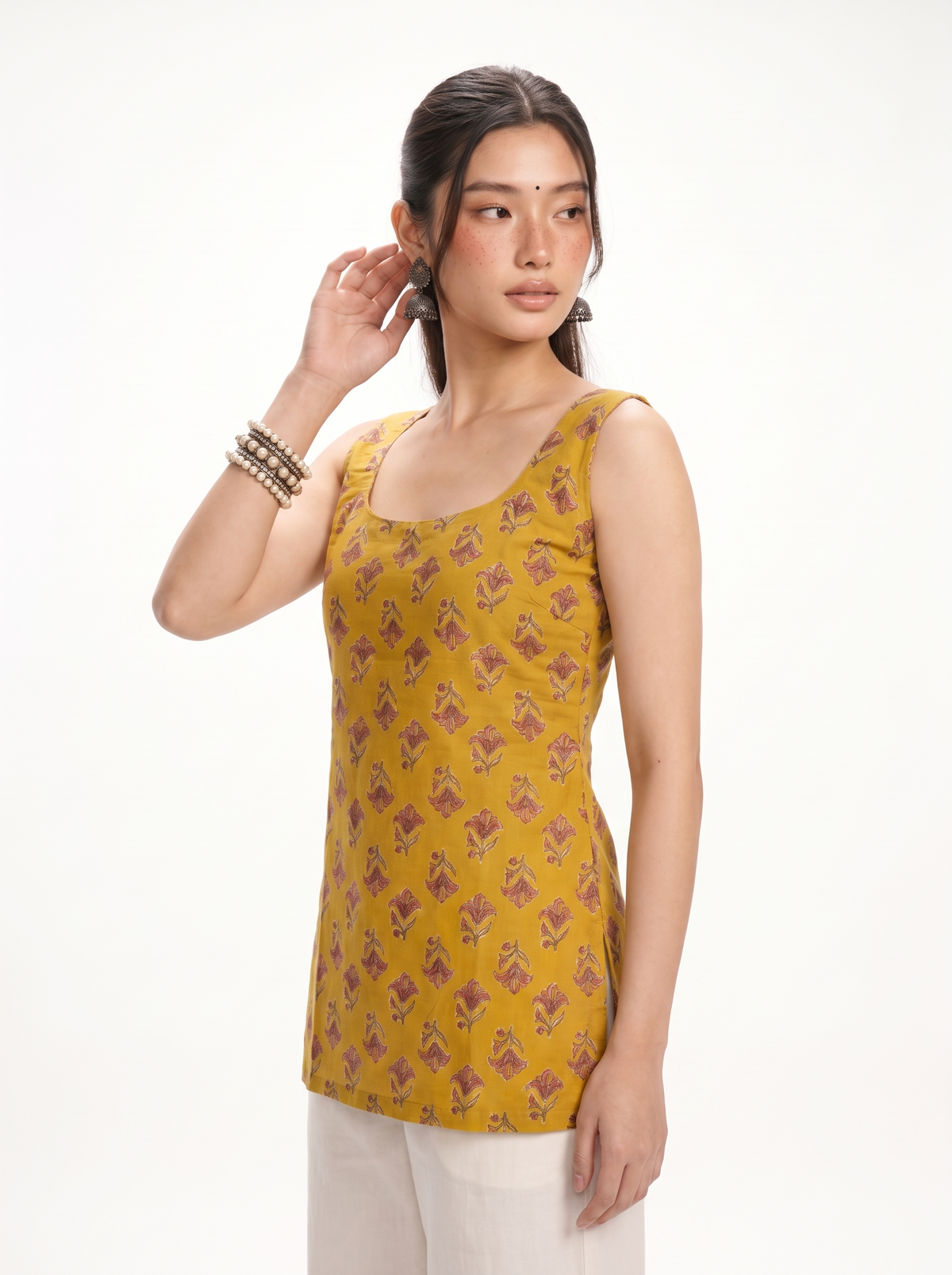 Saanjh Mustard Deep Back Sleeveless Kurti