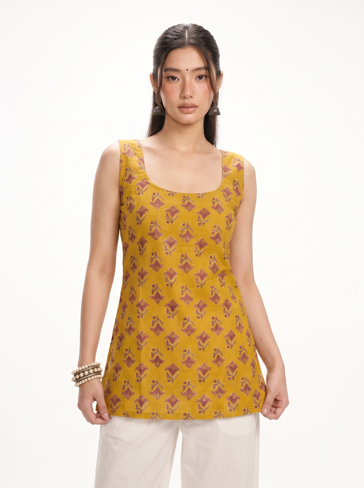 Saanjh Mustard Deep Back Sleeveless Kurti