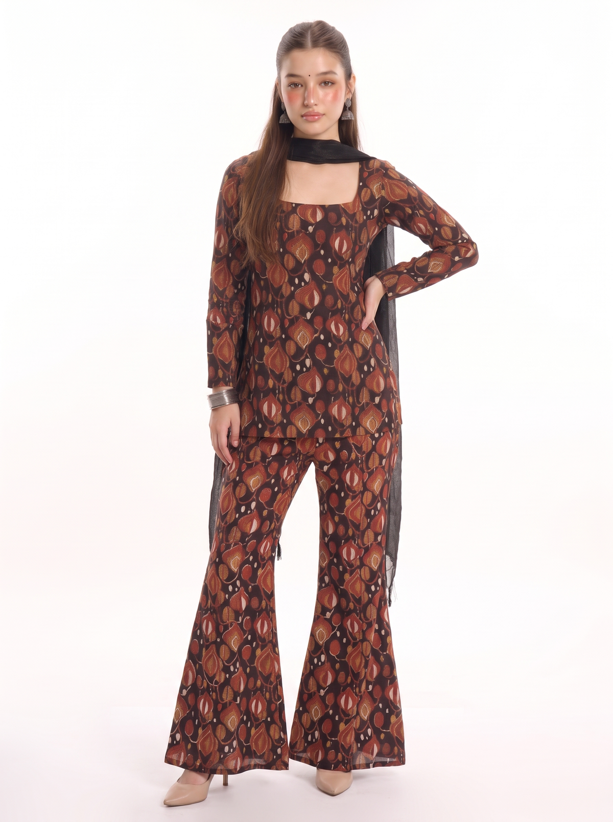 Shama Black Leaf Print Kurti Set with Pants and Dupatta - SAYURI