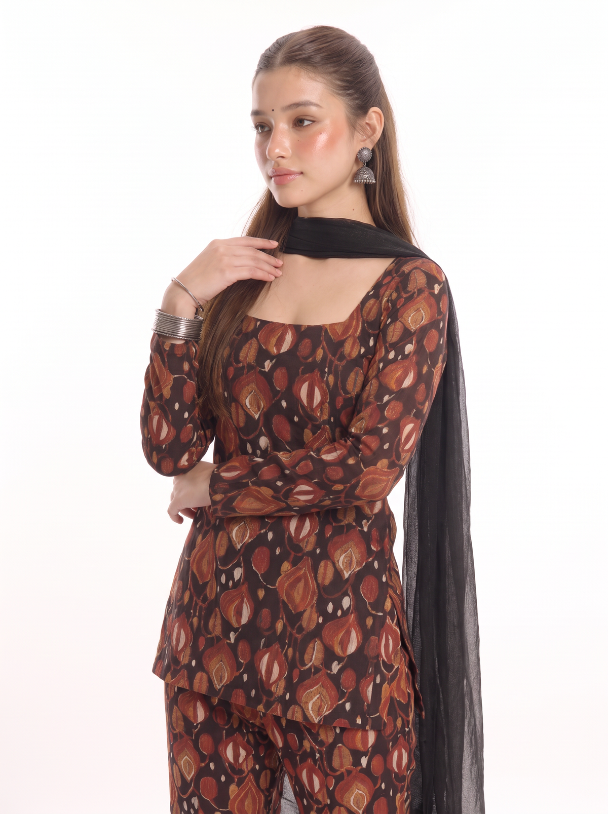 Shama Black Leaf Print Kurti Set with Pants and Dupatta - SAYURI