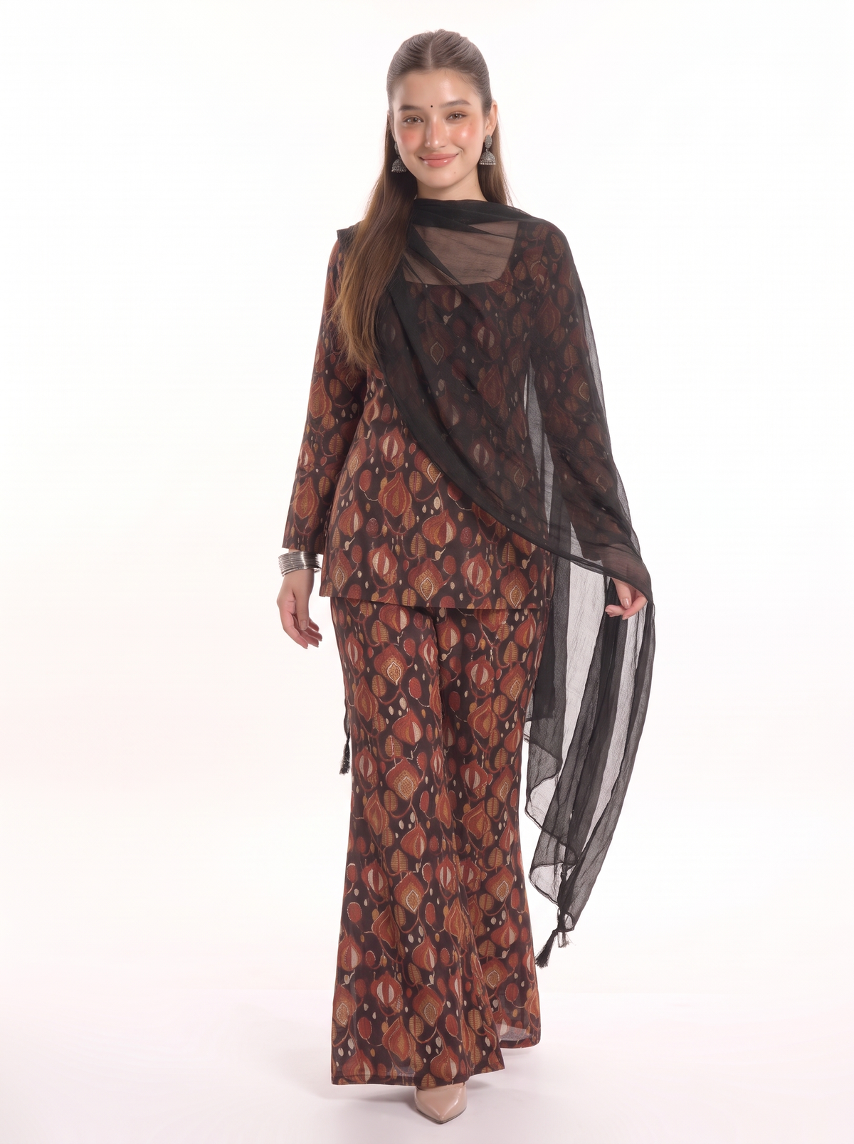 Shama Black Leaf Print Kurti Set with Pants and Dupatta - SAYURI