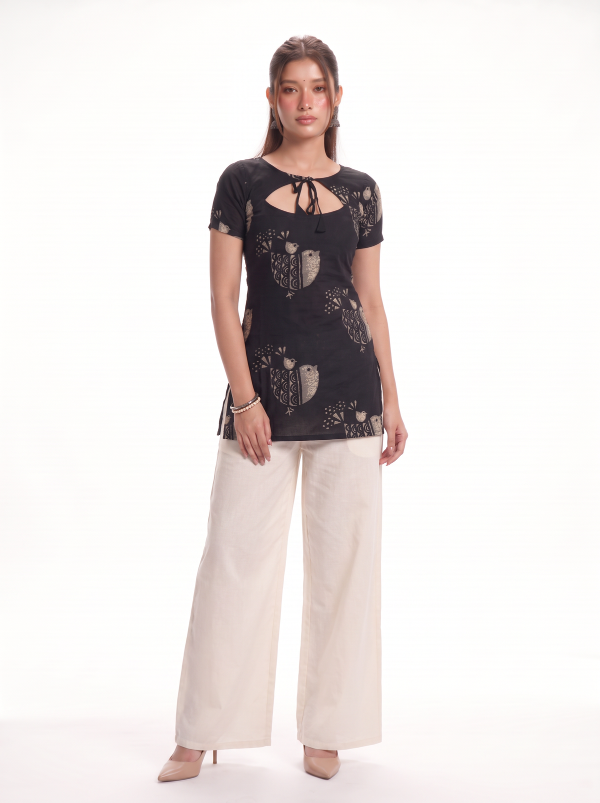 Bulbul Black Bird Print Top with Keyhole Tie Neck - SAYURI