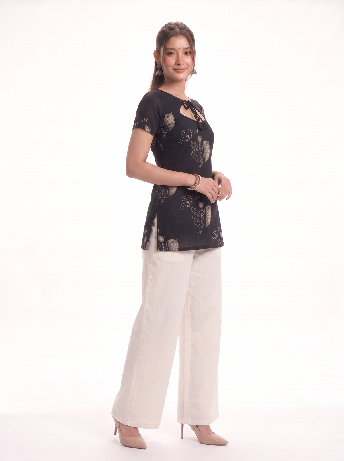 Bulbul Black Bird Print Top with Keyhole Tie Neck - SAYURI