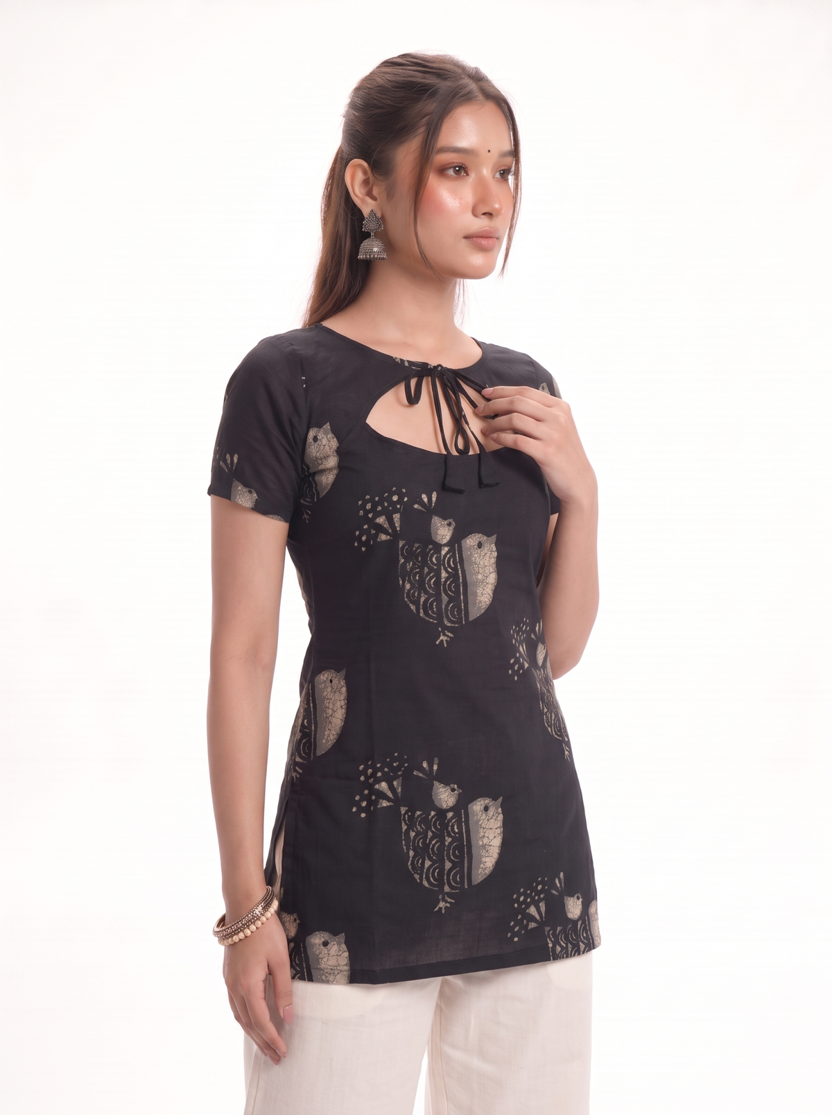 Bulbul Black Bird Print Top with Keyhole Tie Neck - SAYURI