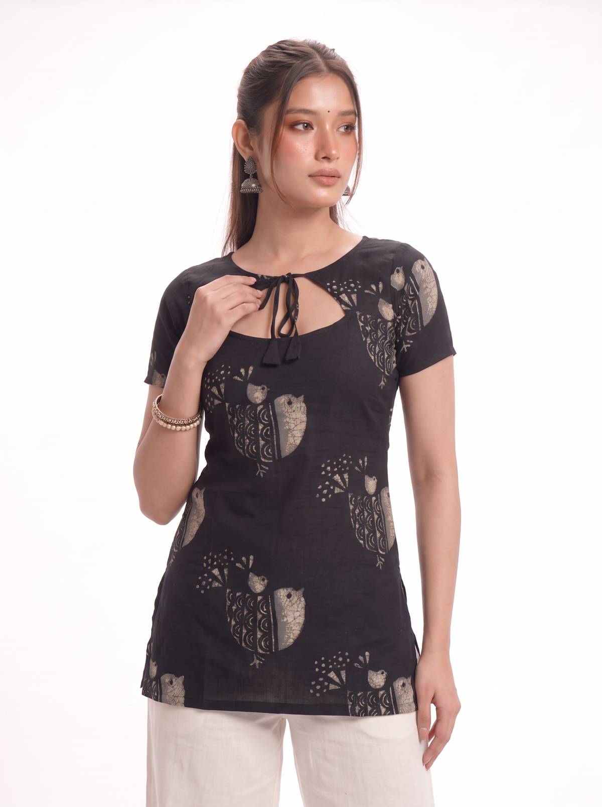 Bulbul Black Bird Print Top with Keyhole Tie Neck - SAYURI