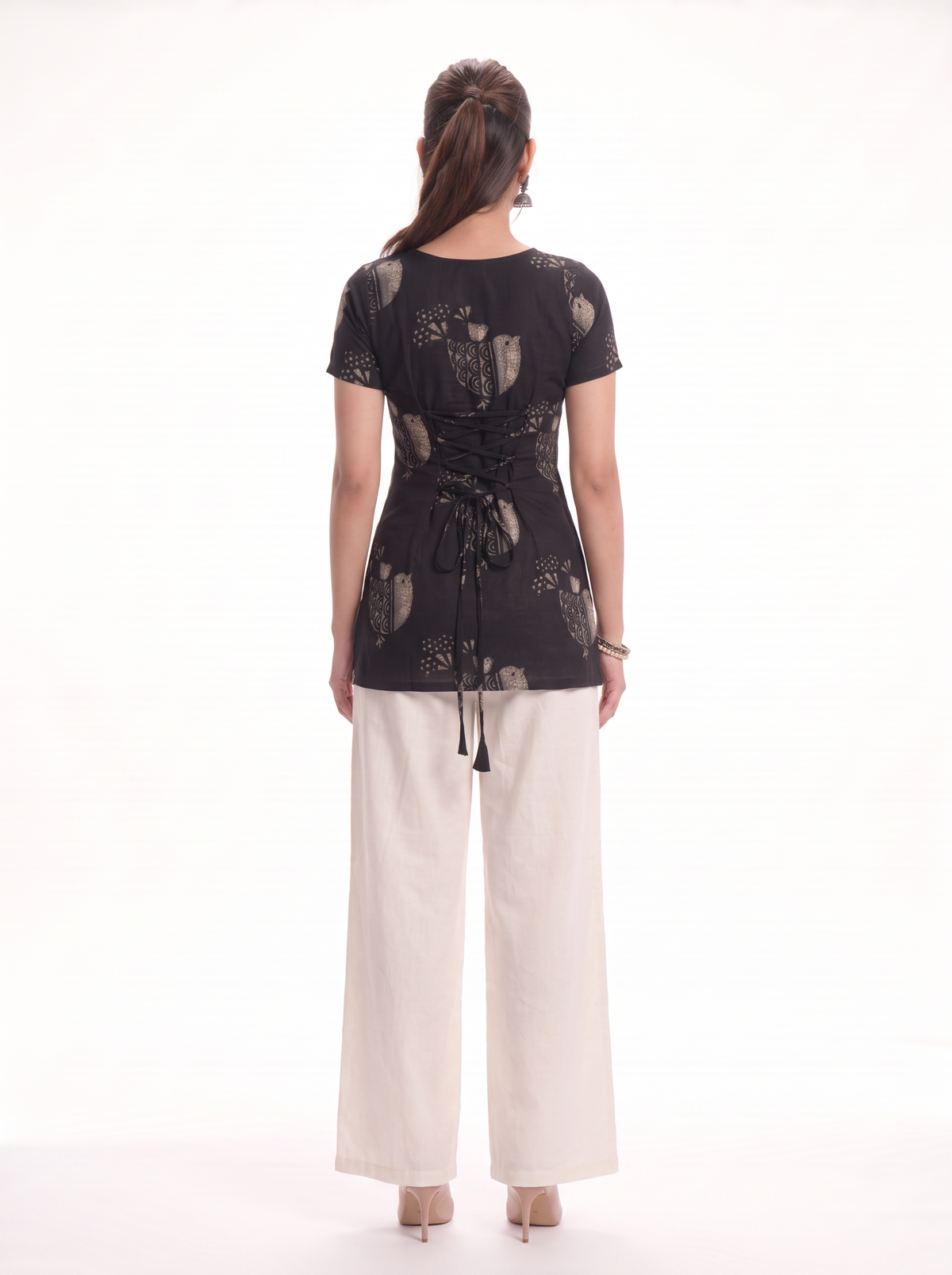 Bulbul Black Bird Print Top with Keyhole Tie Neck - SAYURI